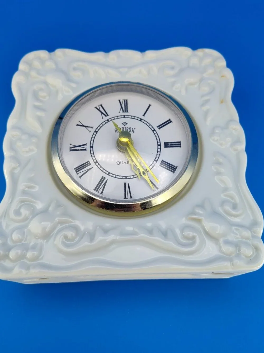 Vintage Montrose Square Porcelain Clock – White Glazed Floral Frame – WORKS